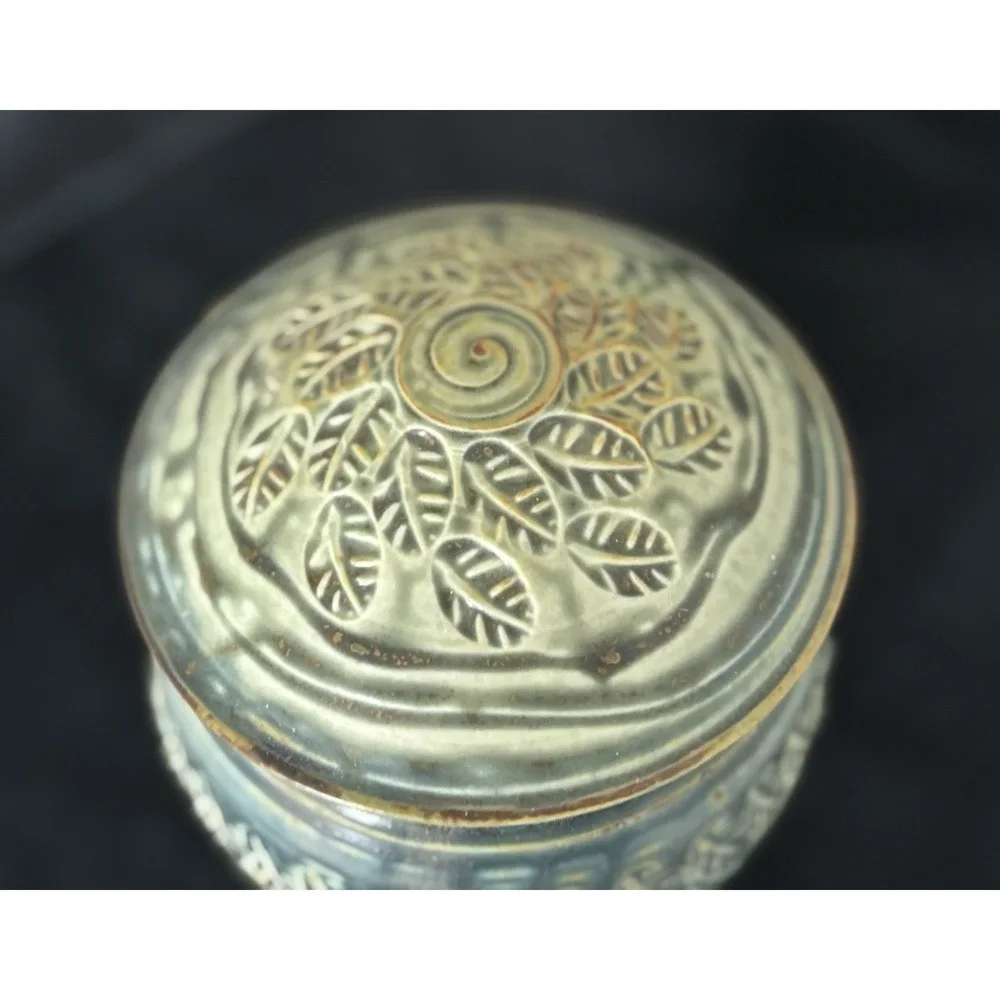North Carolina Pottery With A Lid. Blue And Sage With A Leaf Motif